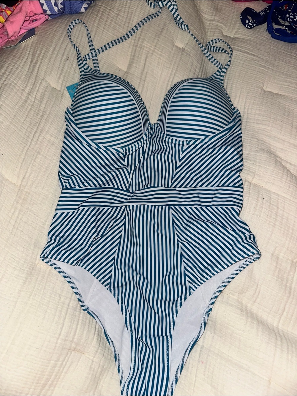 CUPSHE SWIM Dark Teal and White Striped One-Piece Swimsuit - NWT Large